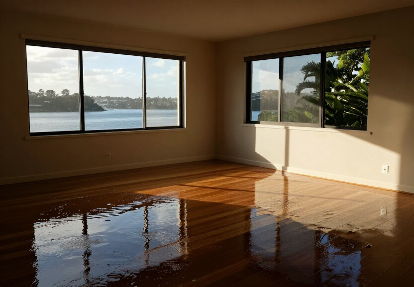 Flood-damaged living room in Hillsdale before restoration